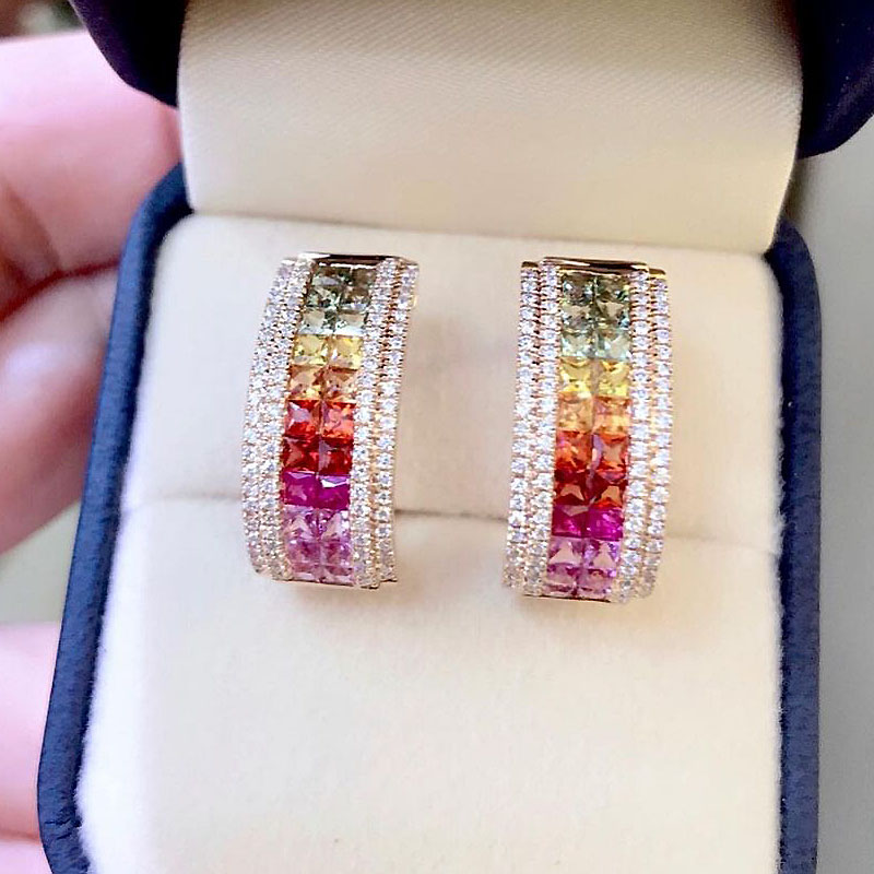 Princess Cut Rainbow Sapphire Hoop Earrings