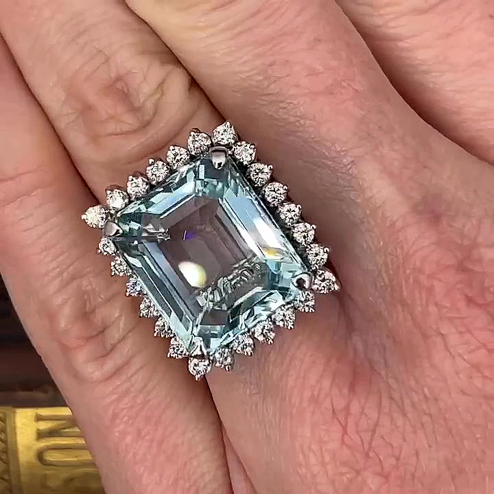 7ct Halo Emerald Cut Aquamarine Sapphire Engagement Ring