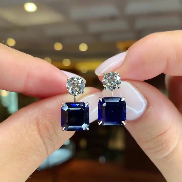 Emerald Cut Blue Sapphire Drop Earrings
