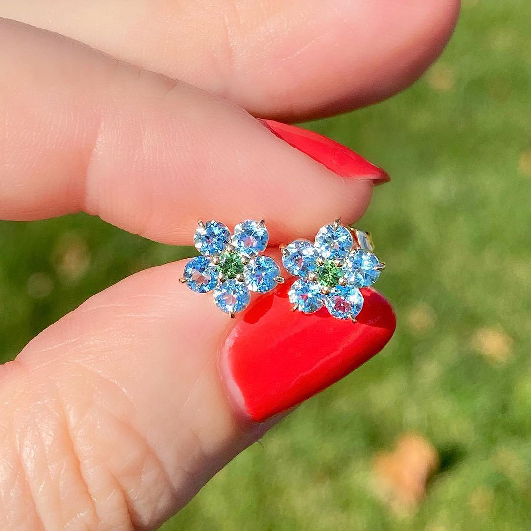 Flower Design Round Cut Aquamarine Sapphire Stud Earrings