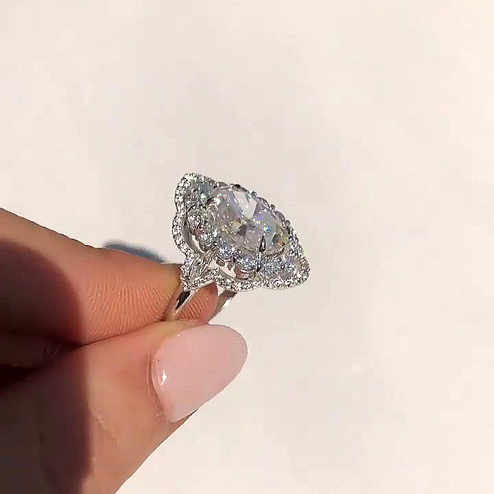 4ct Halo Oval Cut White Sapphire Engagement Ring