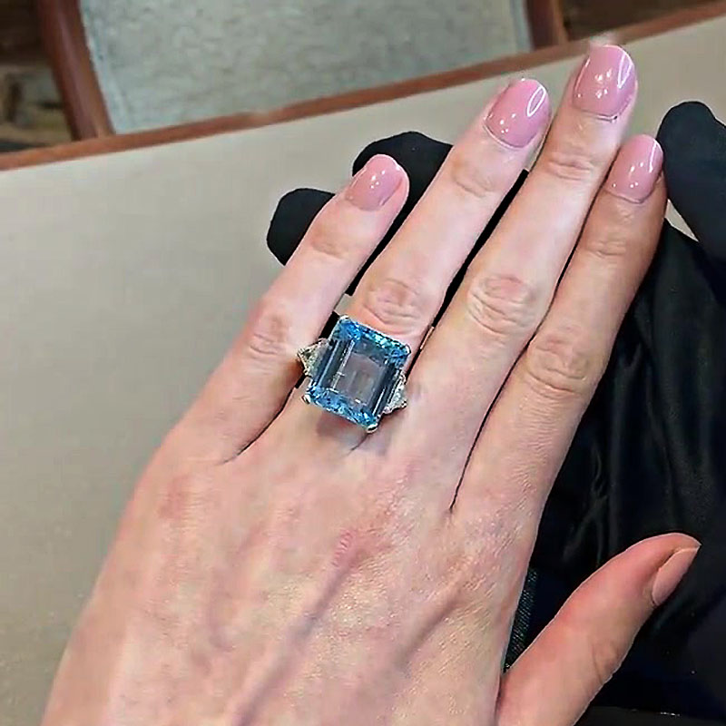 30ct Emerald Cut Antique Aquamarine Sapphire Cocktail Ring