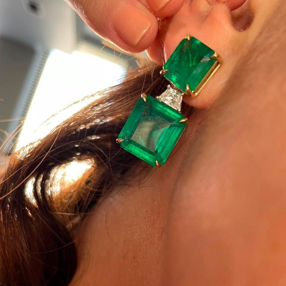 Princess Cut Emerald Sapphire Drop Earrings