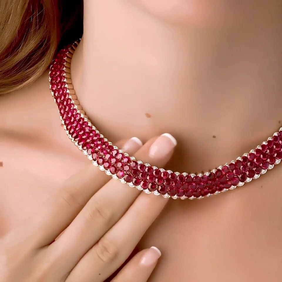 3-row Prong Setting Round Cut Ruby Sapphire Choker Necklace