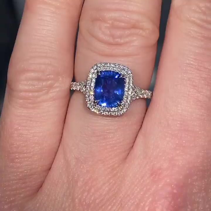 5ct Split Shank Double Halo Cushion Cut Blue Sapphire Ring