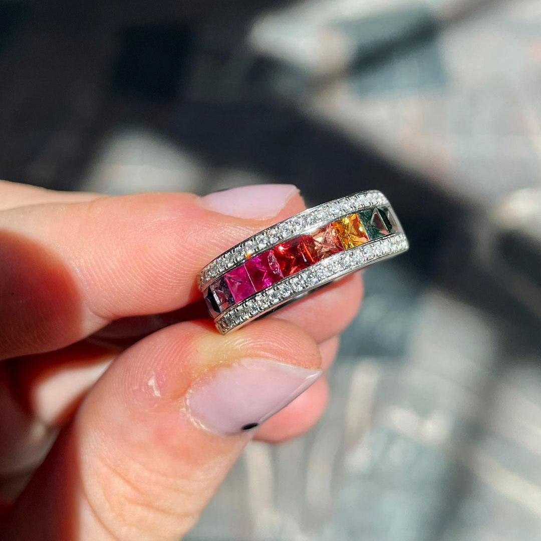 3.75ct Princess Cut Rainbow Sapphire Eternity Ring