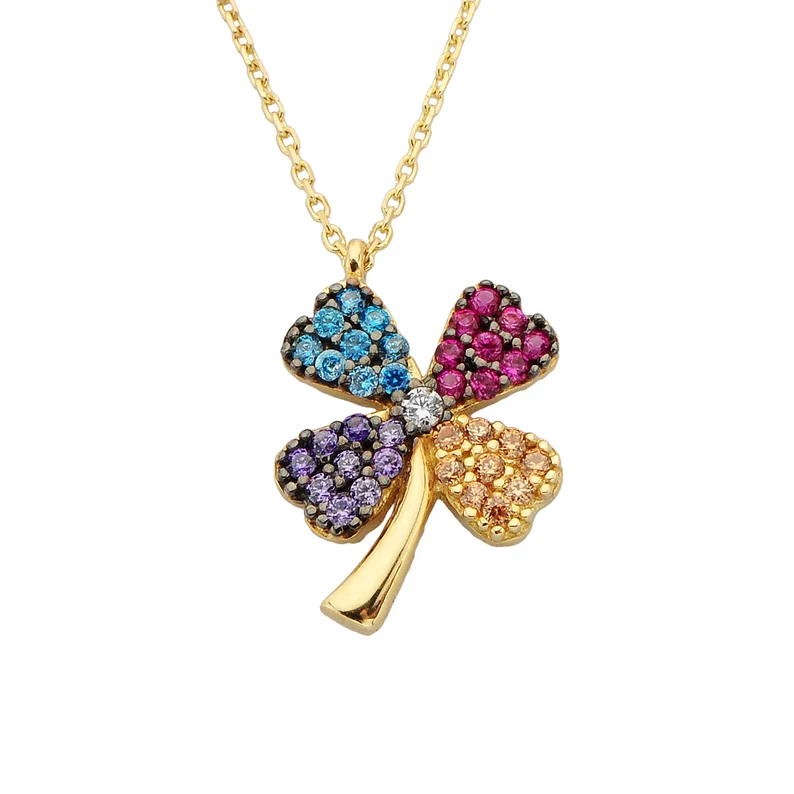 Round Cut Colorful Leaf Clover Sapphire Pendant Necklace