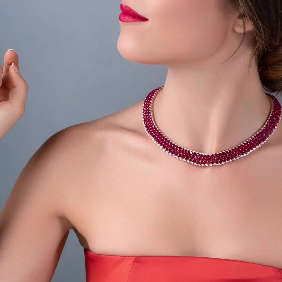 3-row Prong Setting Round Cut Ruby Sapphire Choker Necklace