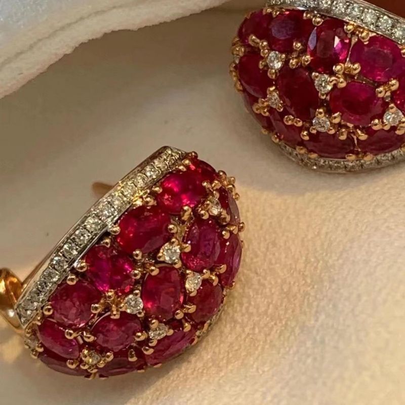 Oval Cut Rose Gold Italian Style Ruby Sapphire Hoops Earrings