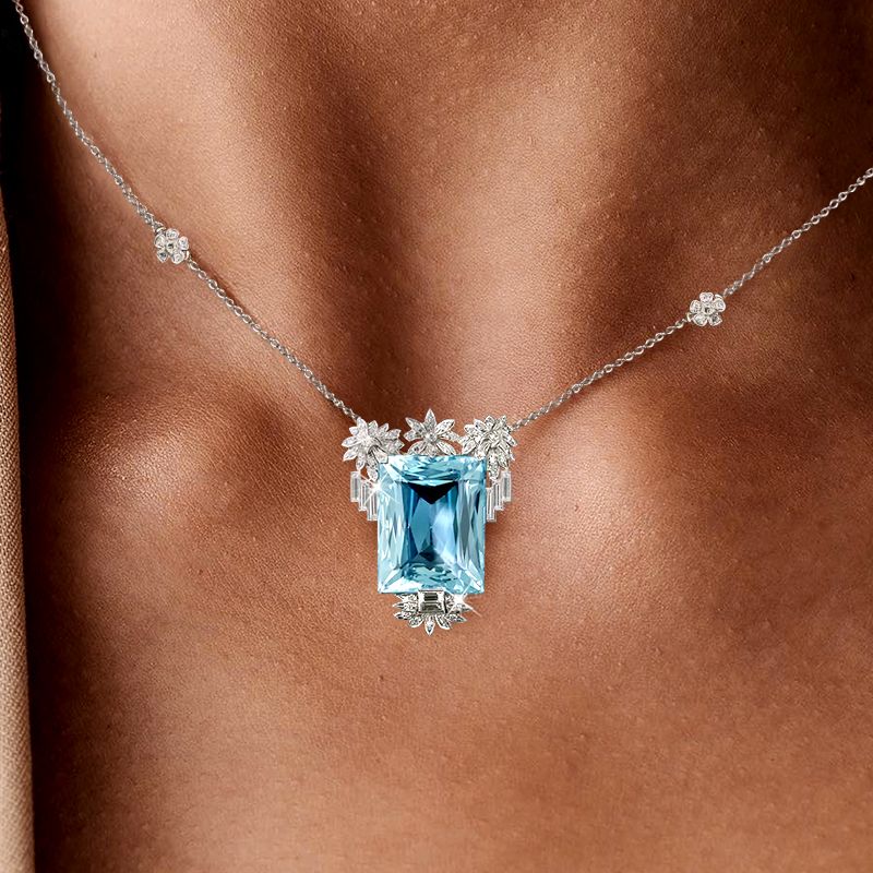 Art Deco Radiant Cut Aquamarine Sapphire Pendant Necklace
