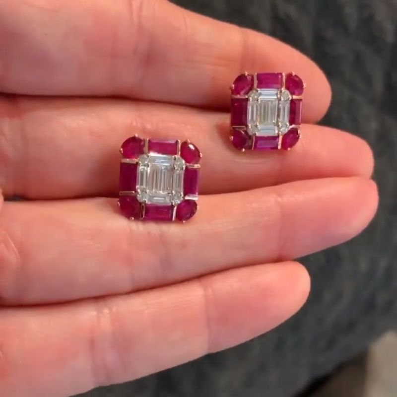 Baguette&Oval Cut Ruby Sapphire Stud Earrings