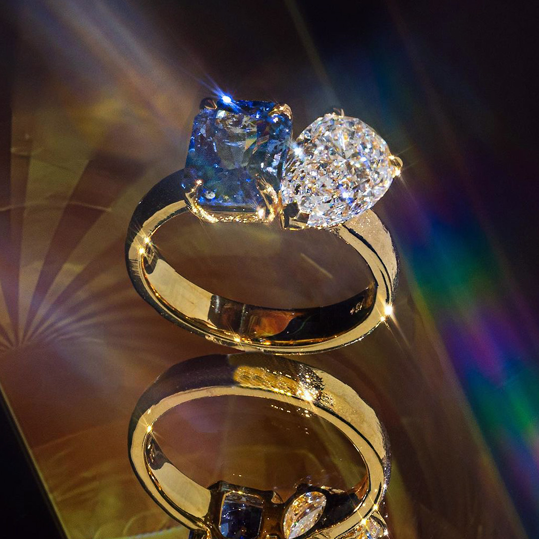 4ct Radiant&Pear Cut Blue Sapphire Engagement Ring