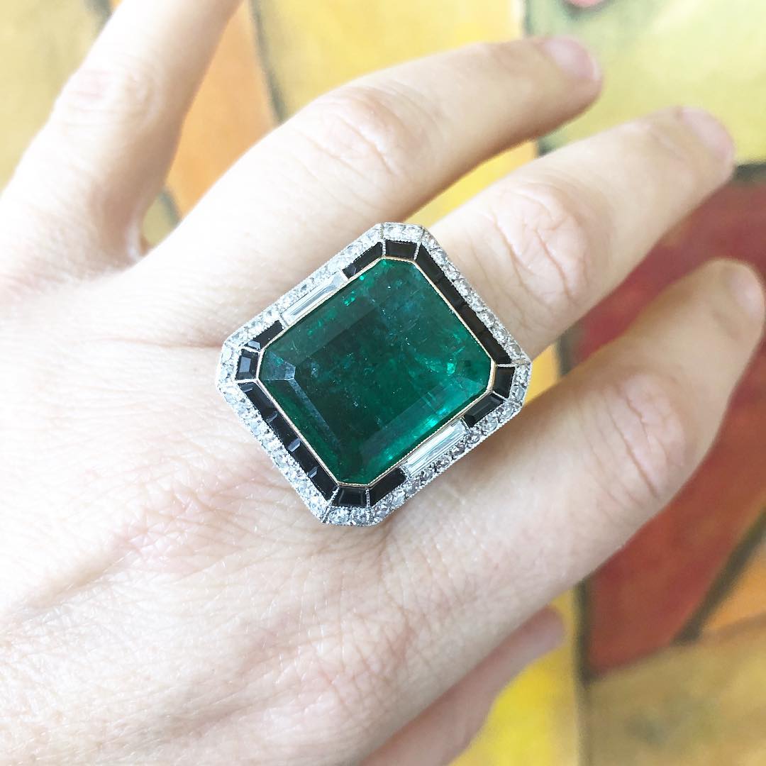 12ct  Art Deco Inspired Emerald Cut Green Sapphire Engagement Ring