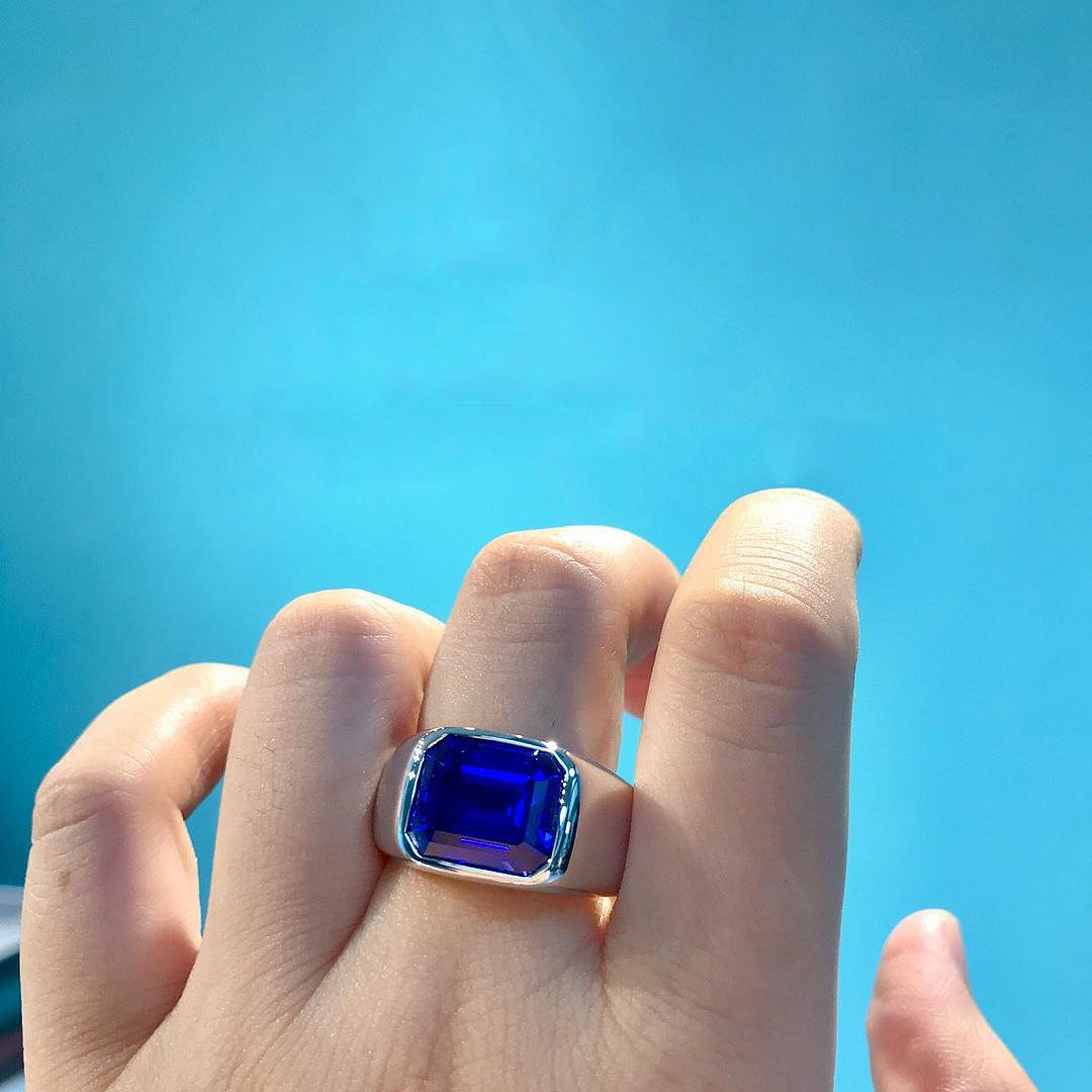 5ct Bezel Setting Emerald Cut Blue Sapphire Men's Engagement Ring