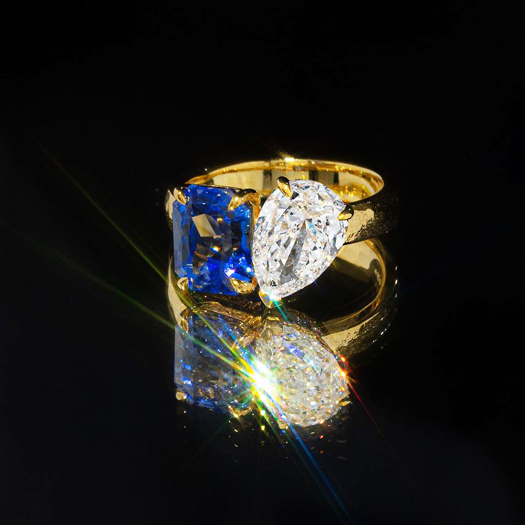 4ct Radiant&Pear Cut Blue Sapphire Engagement Ring