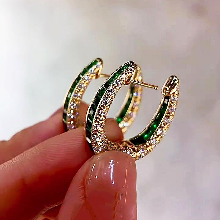 Round&Emerald Cut Emerald Green Sapphire Hoop Earrings
