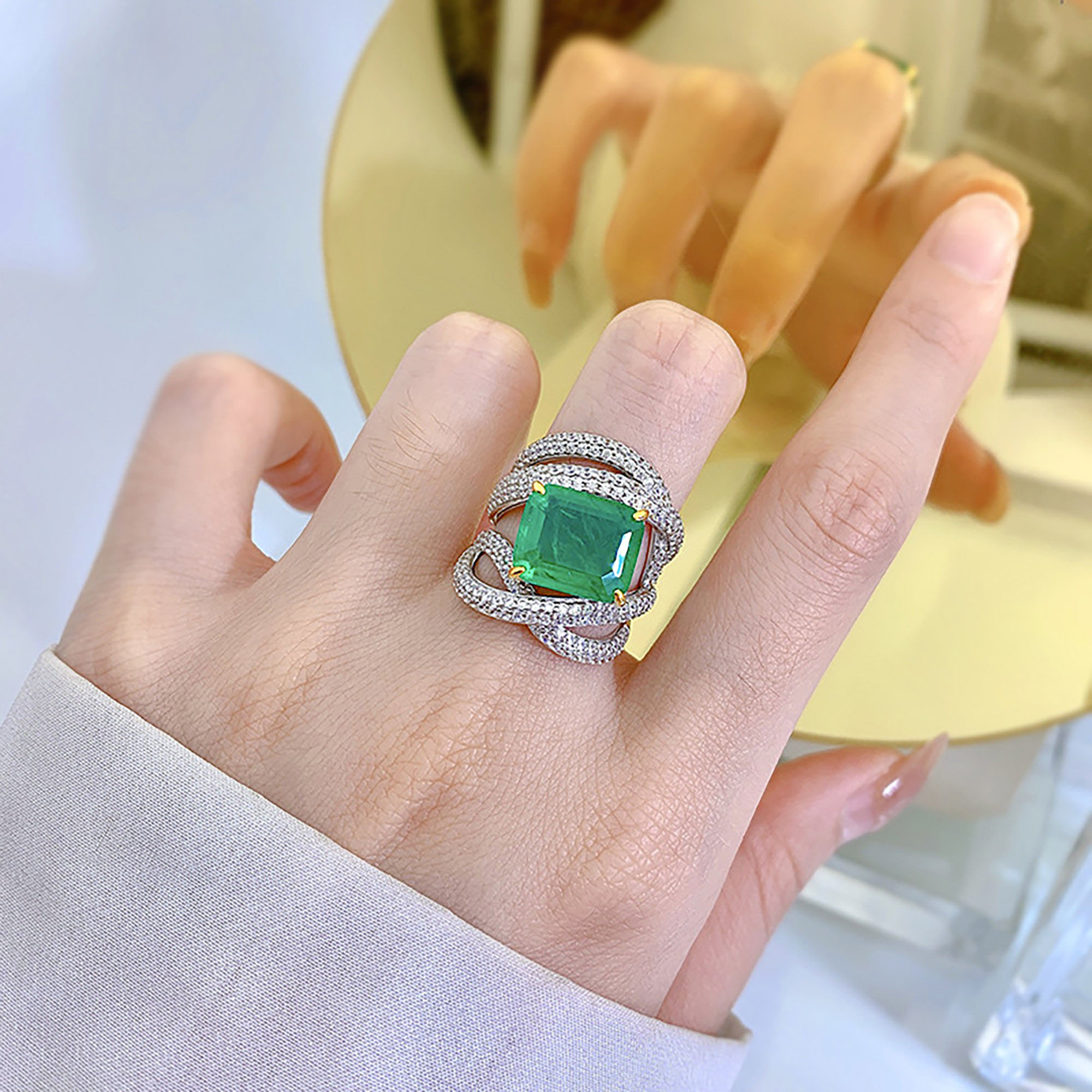 8ct Emerald Cut Vibrant Emerald Sapphire Engagement Ring