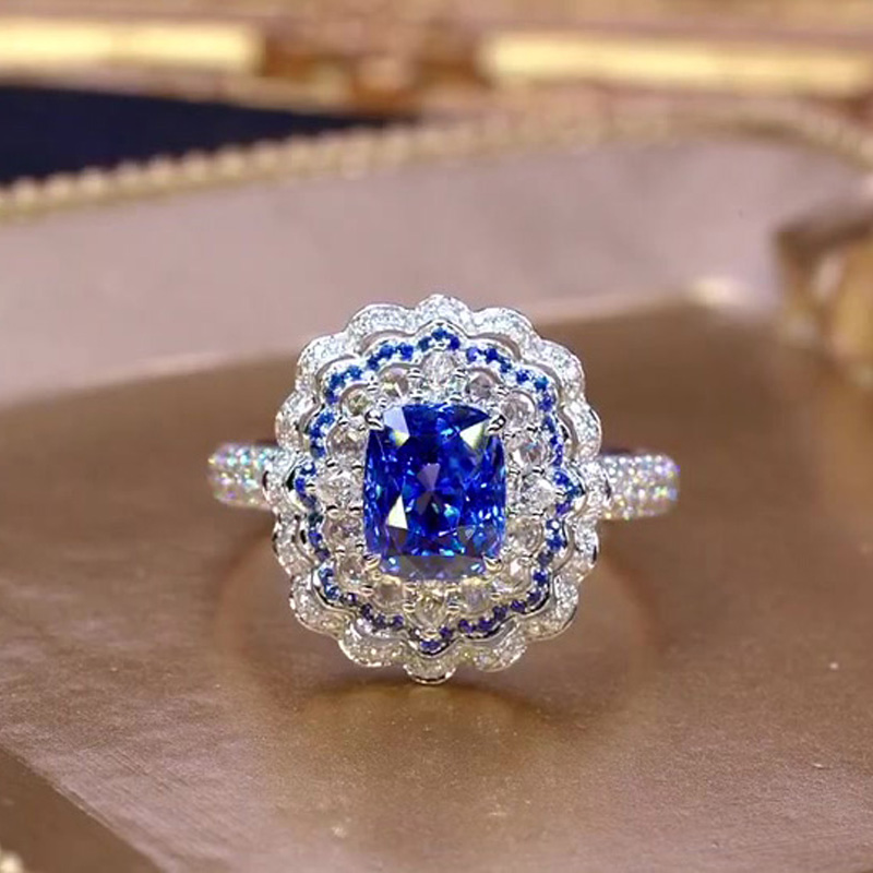 4ct Art Deco Halo Cushion Cut Blue Sapphire Engagement Ring