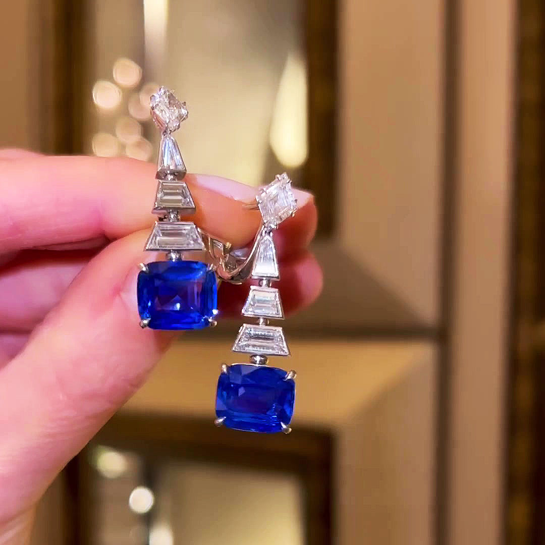 Cushion Cut Blue Sapphire Drop Earrings