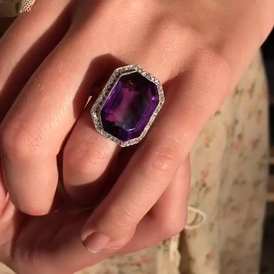 7ct Art Deco Emerald Cut Amethyst Sapphire Engagement Ring