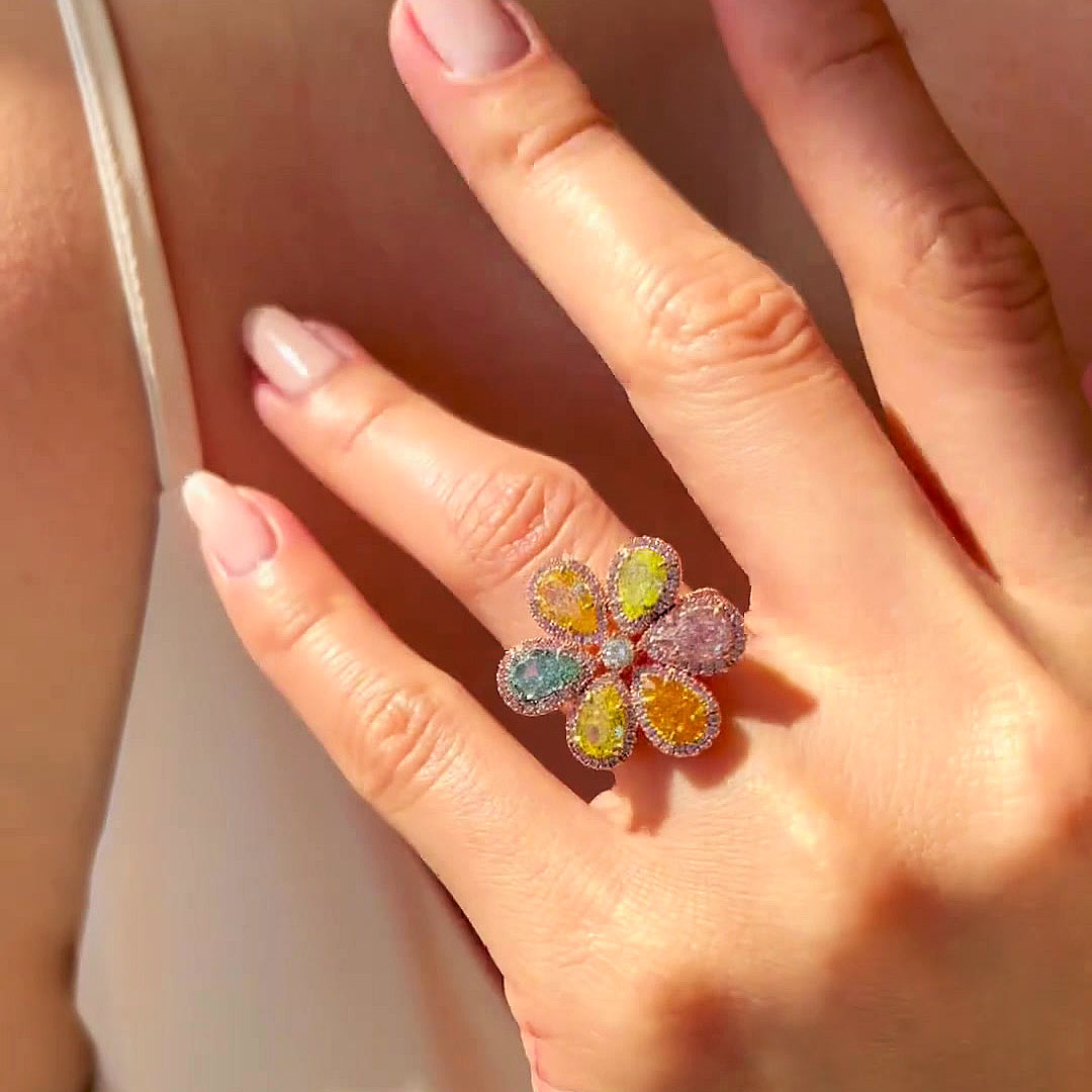 6ct Flower Design Pear Cut Rainbow Sapphire Engagement Ring