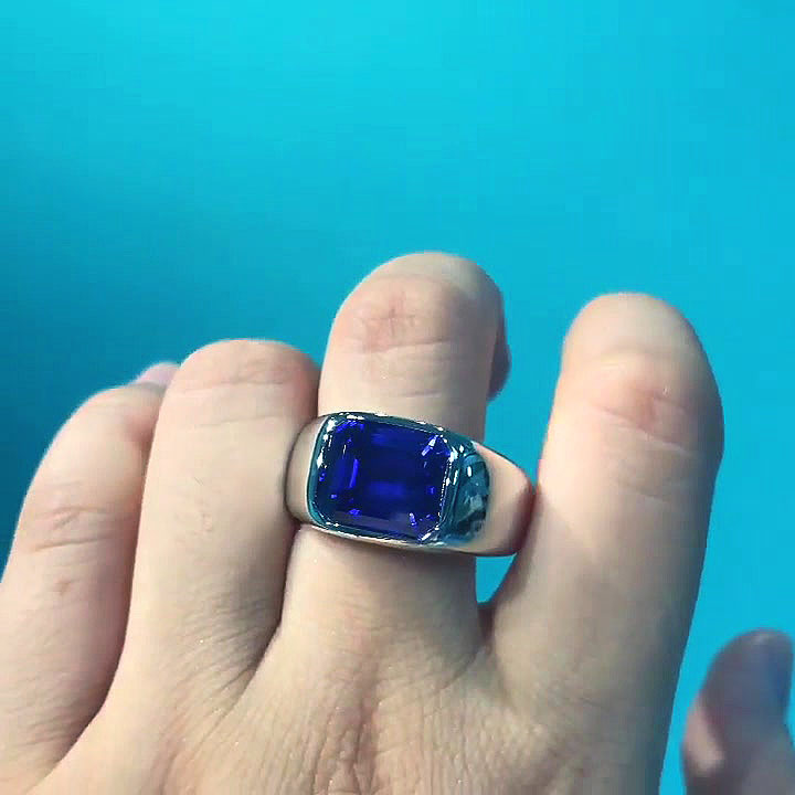 5ct Bezel Setting Emerald Cut Blue Sapphire Men's Engagement Ring