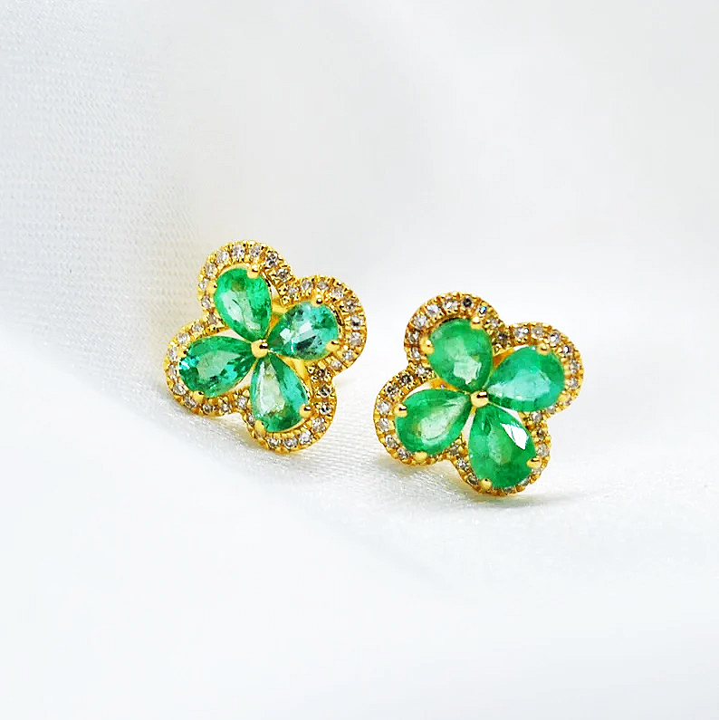 Pear Cut Green Leaf Clover Sapphire Stud Earrings