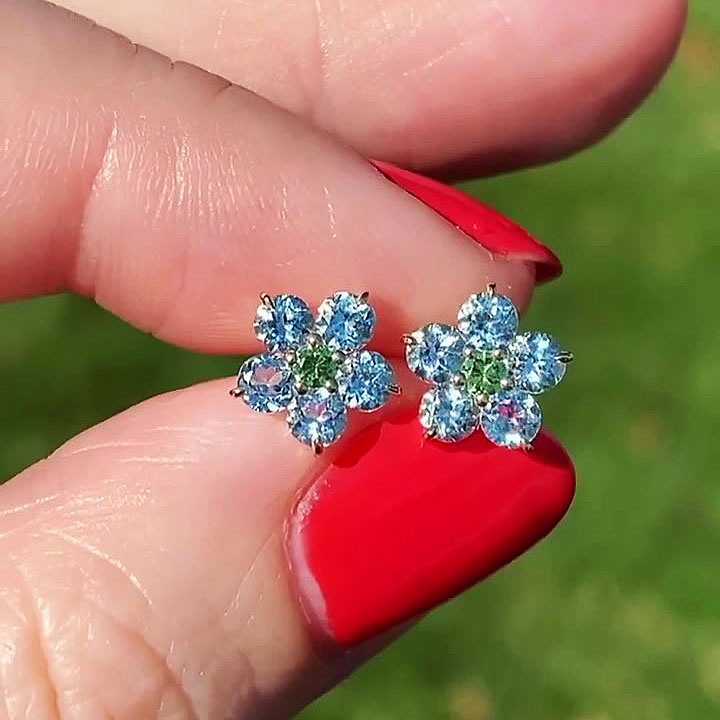 Flower Design Round Cut Aquamarine Sapphire Stud Earrings