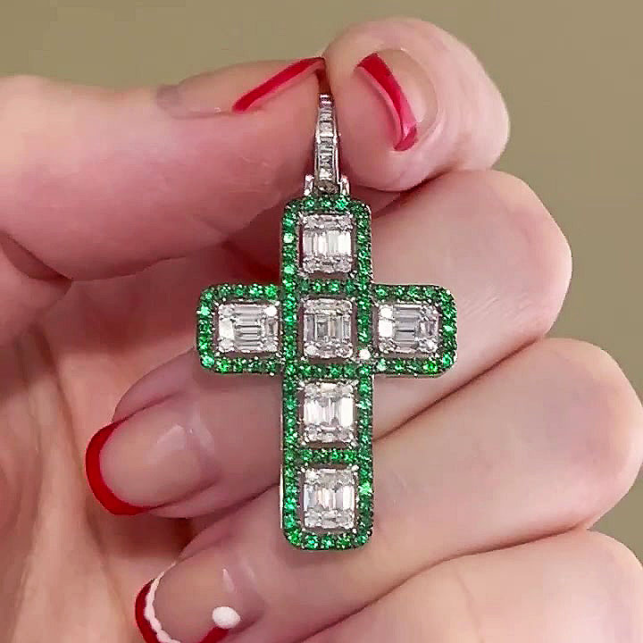 Emerald Cut Emerald Sapphire Pendant Cross necklace