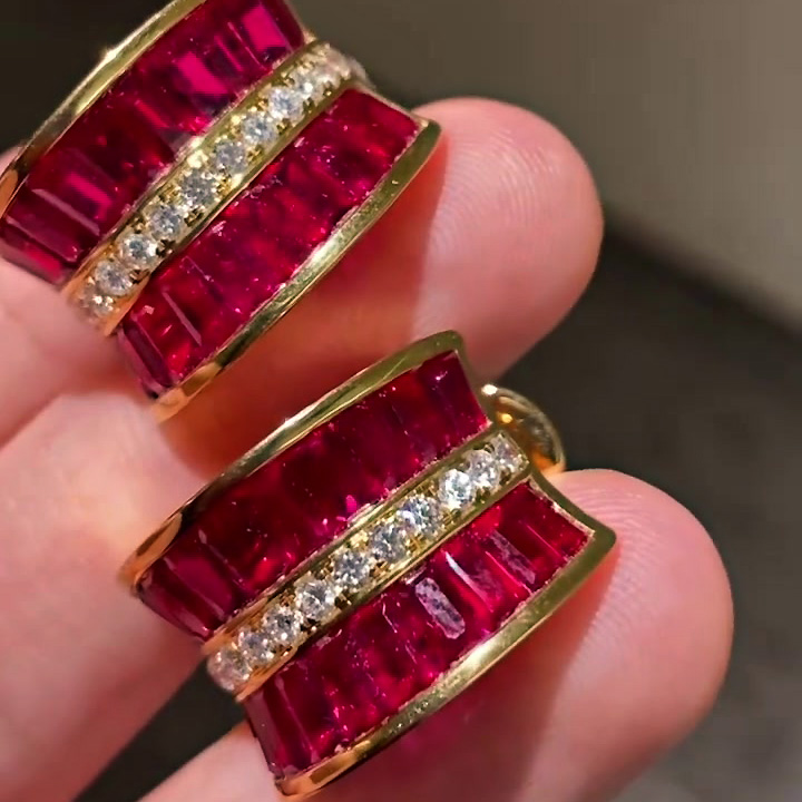 Art Deco Baguette Cut Ruby Sapphire Hoop Earrings