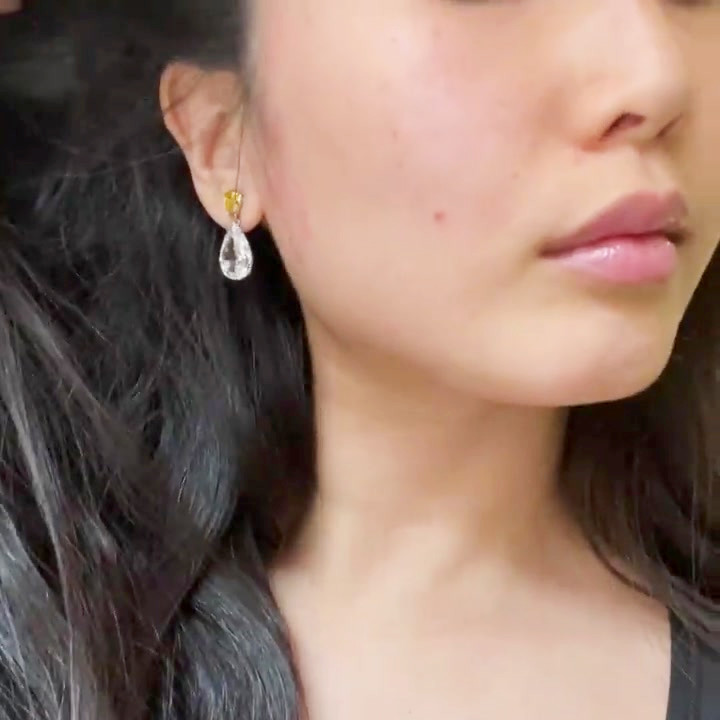 Pear Cut Yellow&White Sapphire Drop Earrings