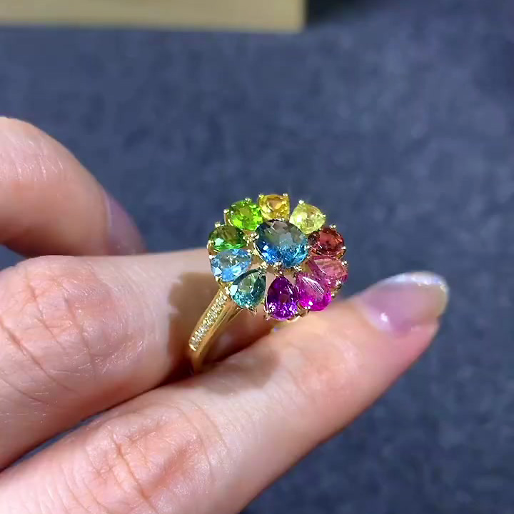 3.55ct Sunflower Design Pear Cut Rainbow Sapphire Engagement Ring
