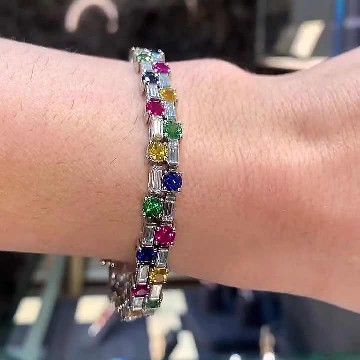 Round&Baguette Cut Rainbow Sapphire Bracelet