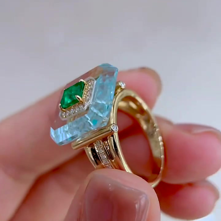 2ct Unique Emerald Cut Emerald Sapphire Engagement Ring