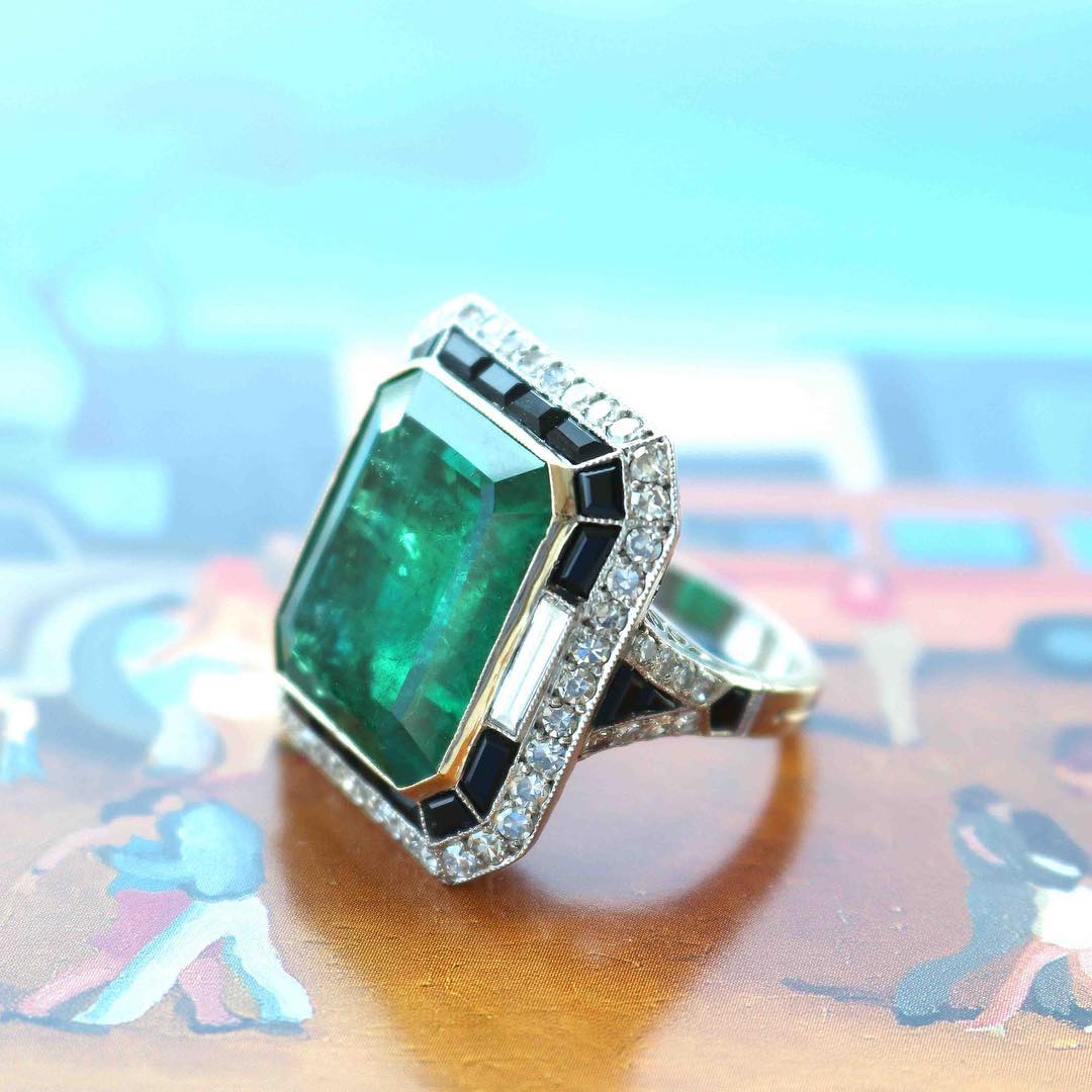 12ct  Art Deco Inspired Emerald Cut Green Sapphire Engagement Ring
