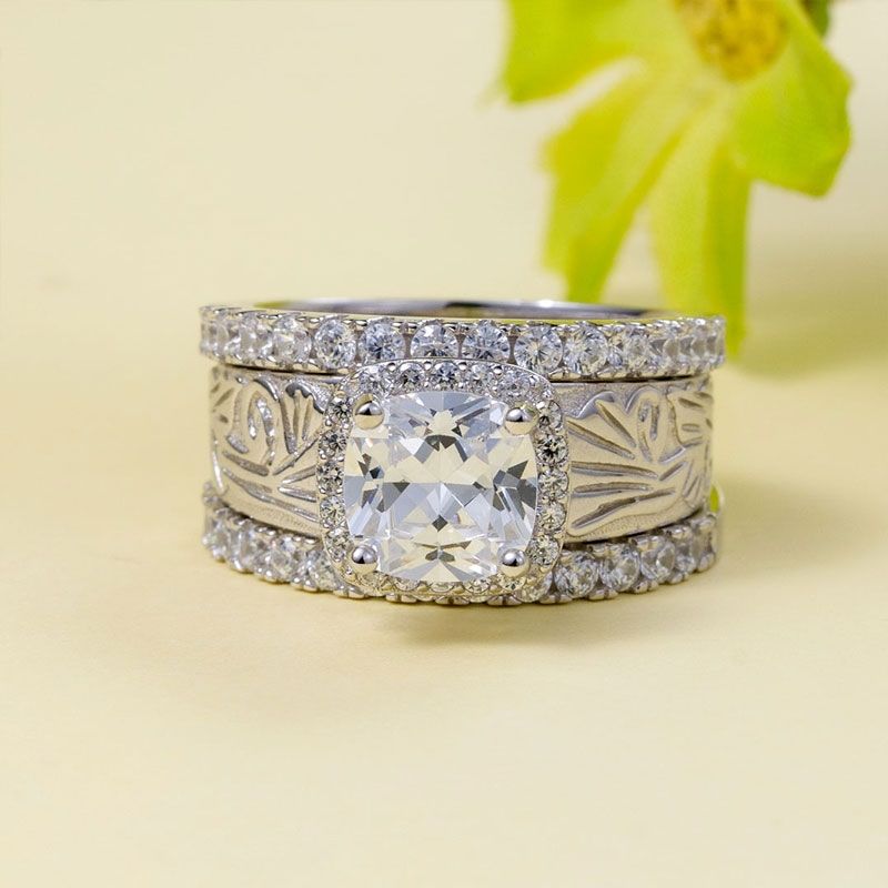 2ct Cushion Cut White Sapphire Ring Set