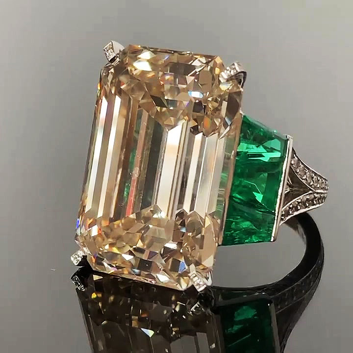 6ct Three Stone Emerald Cut Champagne Sapphire Engagement Ring