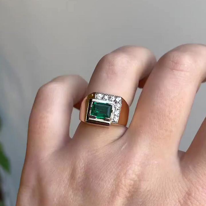 4ct Art Deco Emerald Cut Emerald Sapphire Men's Engagement Ring