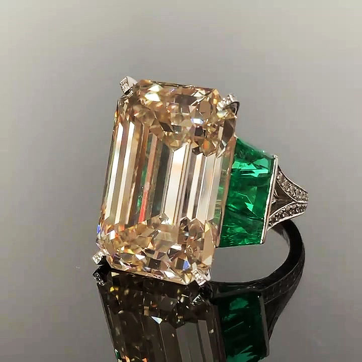 6ct Three Stone Emerald Cut Champagne Sapphire Engagement Ring