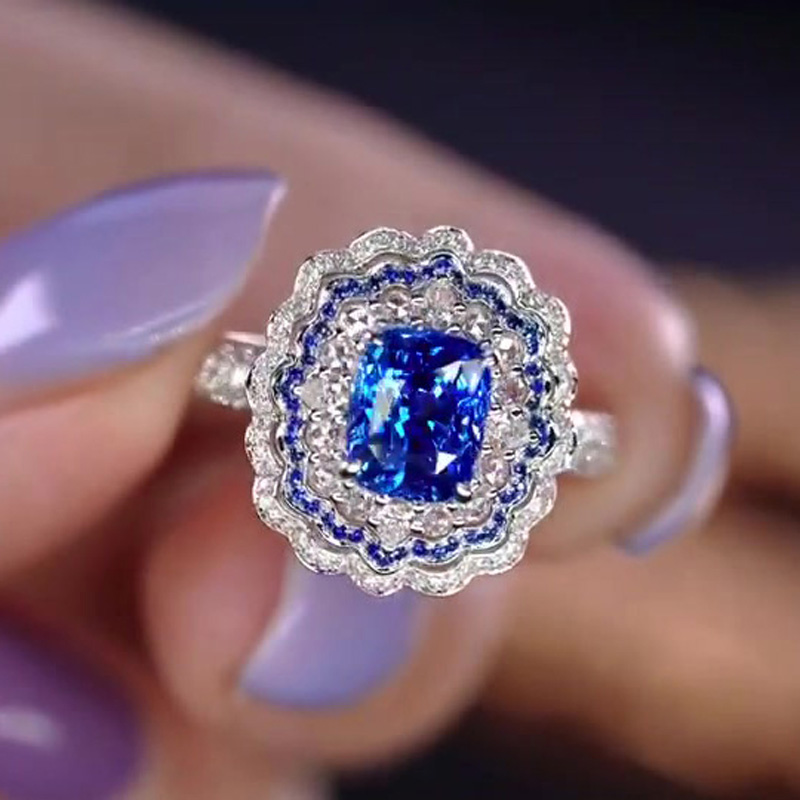 4ct Art Deco Halo Cushion Cut Blue Sapphire Engagement Ring