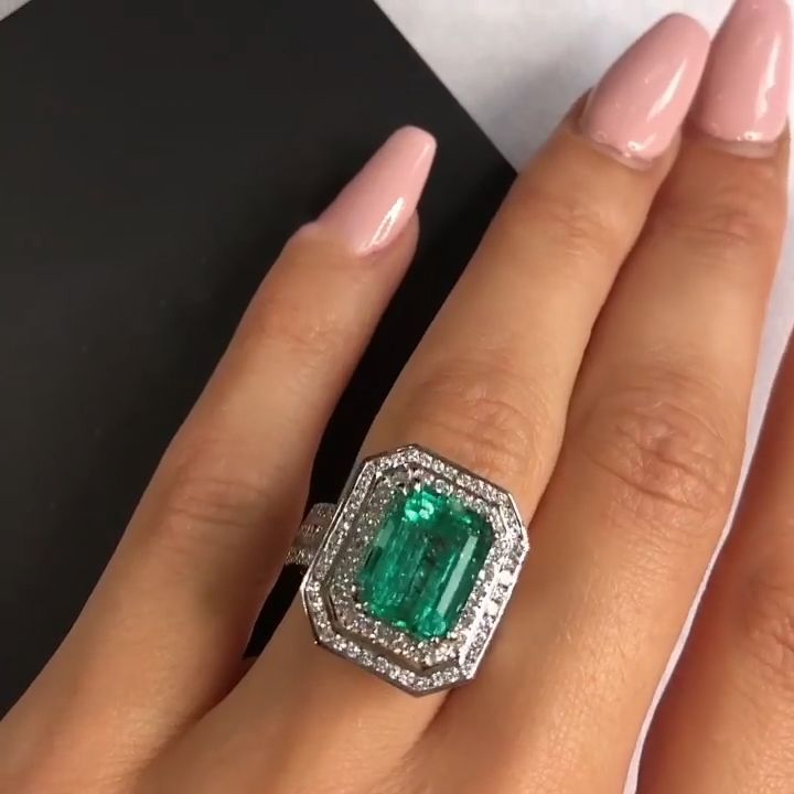 10ct Double Halo Emerald Cut Emerald Sapphire Engagement Ring
