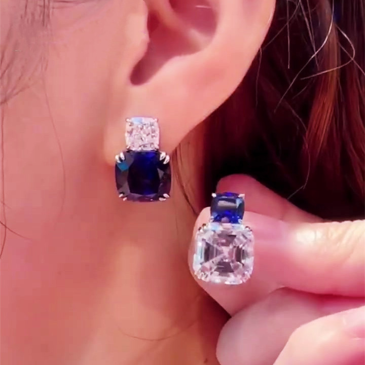 Asscher&Cushion Cut Blue Sapphire Drop Earrings