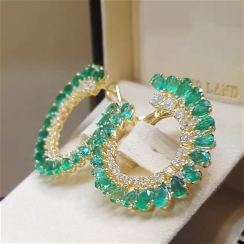 Two Row Two Tone Pear&Round Cut Green&White Sapphire Hoop Earrings