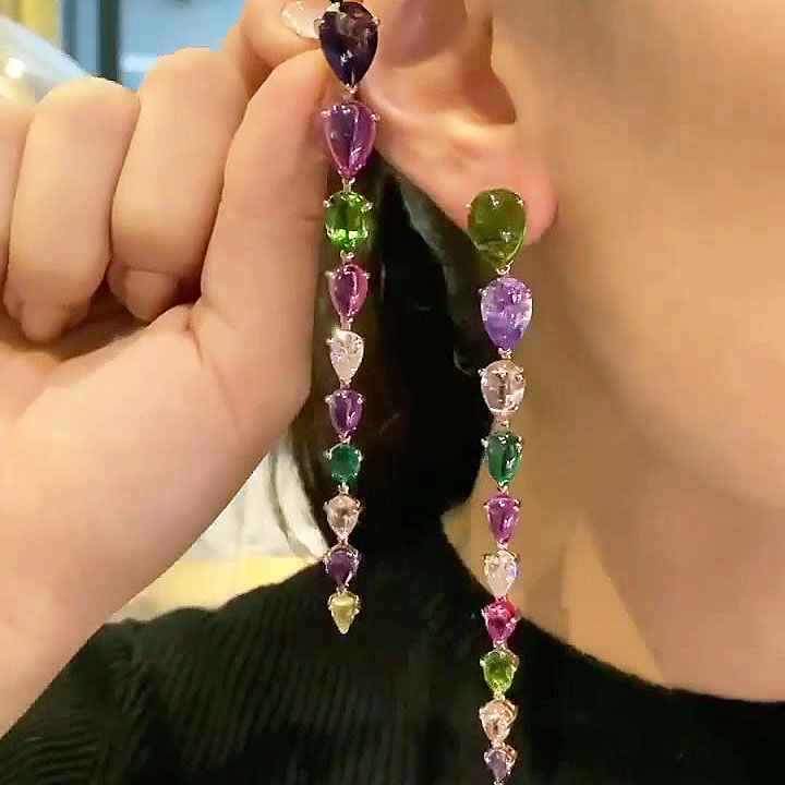 Pear Cut Rainbow Sapphire Drop Earrings