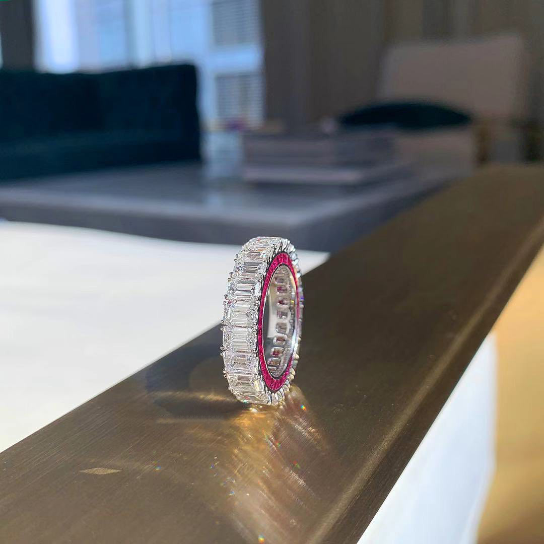 8.35ct Unique Emerald Cut White Sapphire Eternity Ring