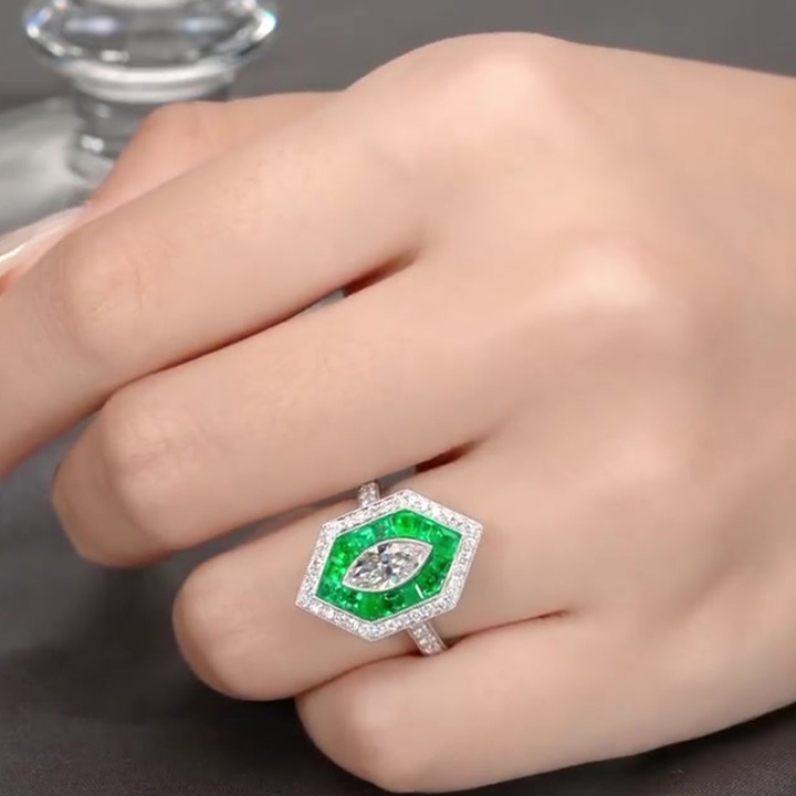 3ct Art Deco Emerald Halo Marquise Cut White Sapphire Ring