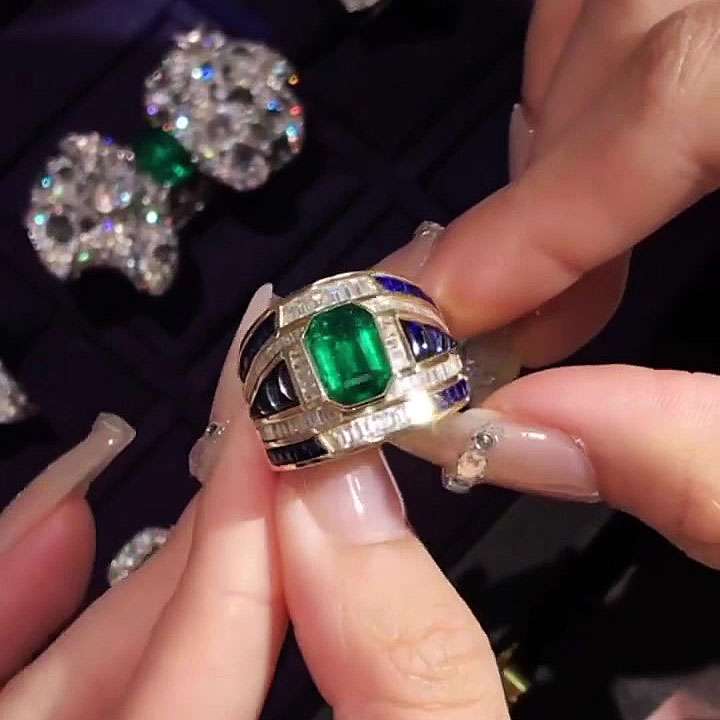 3ct Emerald Cut Emerald Sapphire Cocktail Ring