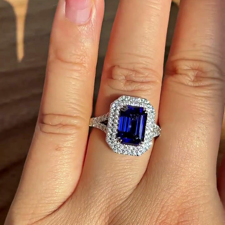6ct Emerald Cut Blue Sapphire Engagement Ring