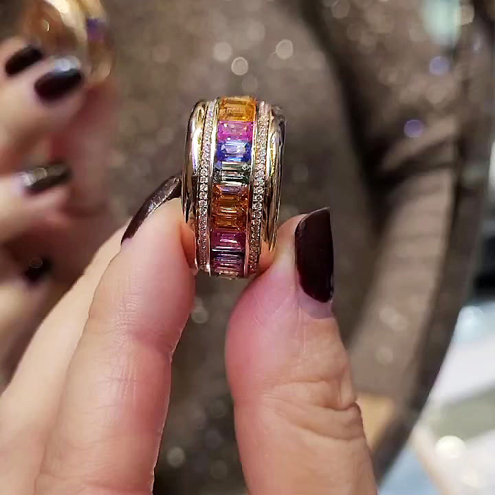 7.75ct Emerald Cut Rainbow Sapphire Eternity Ring