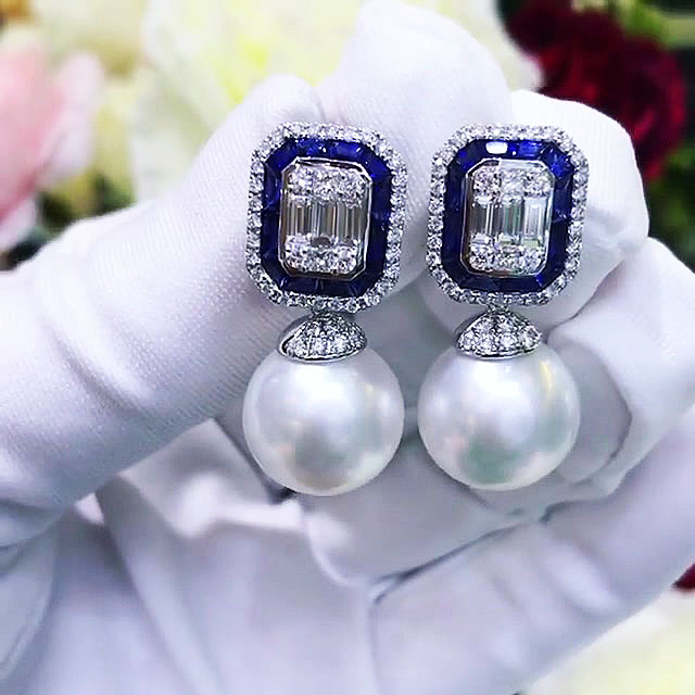 Baguette&Round Cut Blue Sapphire Drop Earrings with Pearl